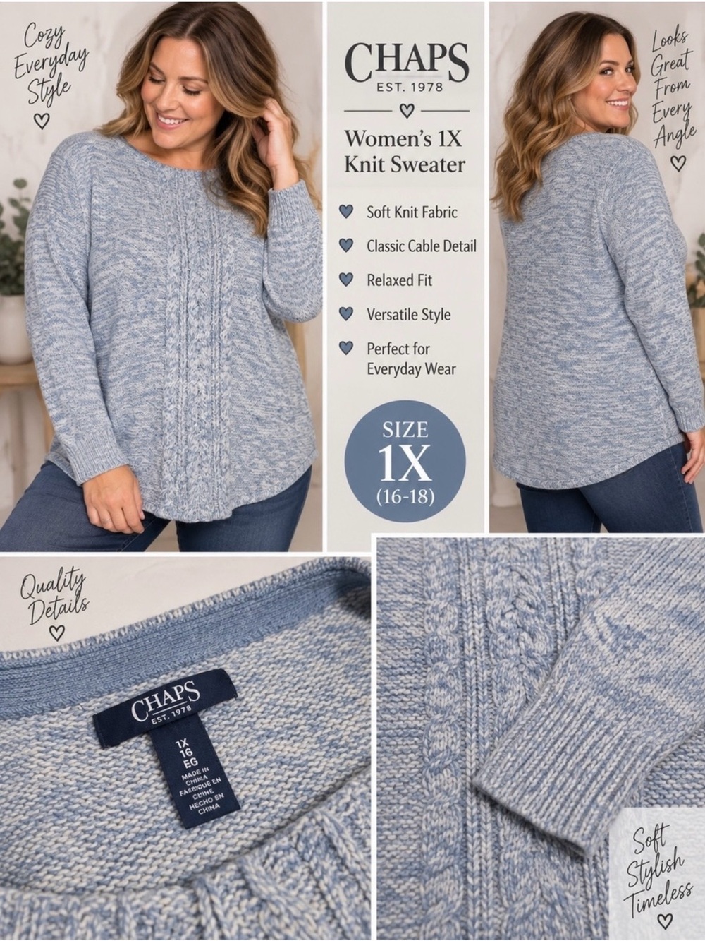 Chaps Women's 1X blue long sleeve knitted sweater #32